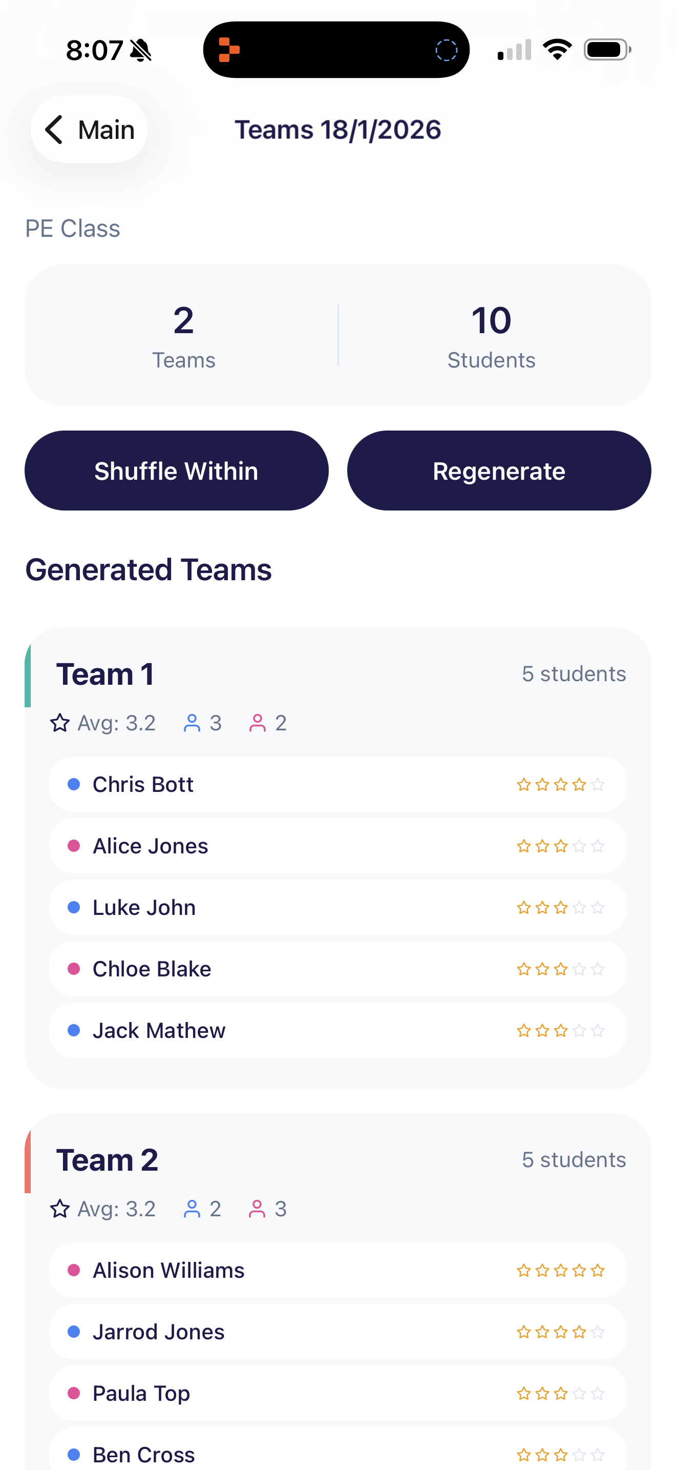 InstaGroups generated teams